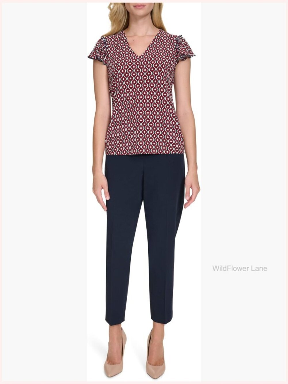 V-Neck Flutter Sleeve Blouse, Stretch Knit Top, Versatile Work Shirt